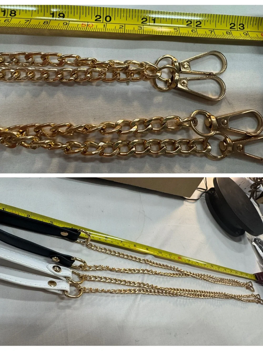 Gold Chain Bag Strap with Black or White Leather Handle 46” long